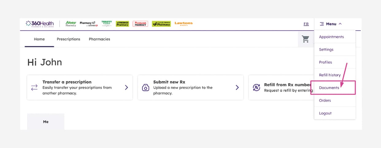 An image showing the process to generate pharmacy records and receipts by navigating to 'Documents' in the main menu.