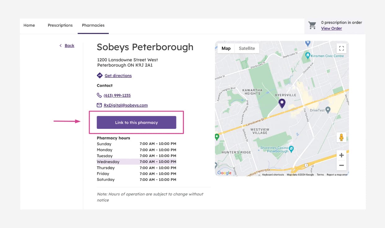 An image showing the process of clicking on the "Link to this pharmacy".