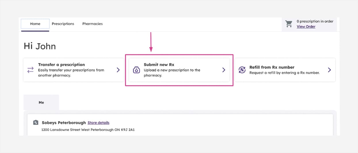 An image showing the process of clicking on the “Submit new Rx”.